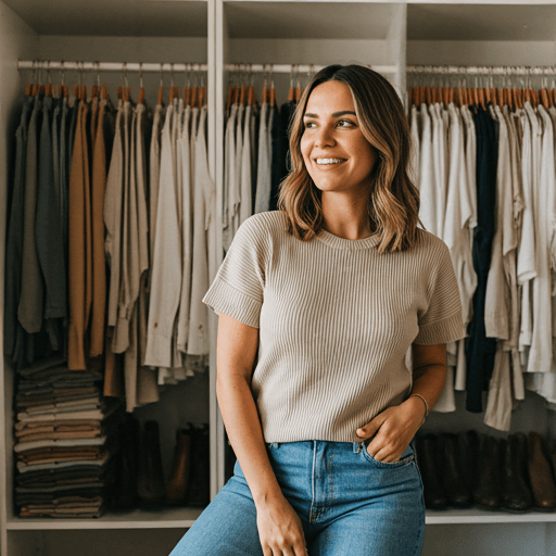 Uma mulher sorridente e confiante em um look minimalista, olhando para o horizonte.